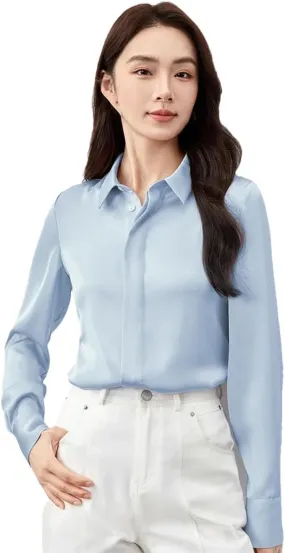 Women Formal Satin Shirt Classic Solid Turn Down Collar Blouse Button Down Work Business Blouse