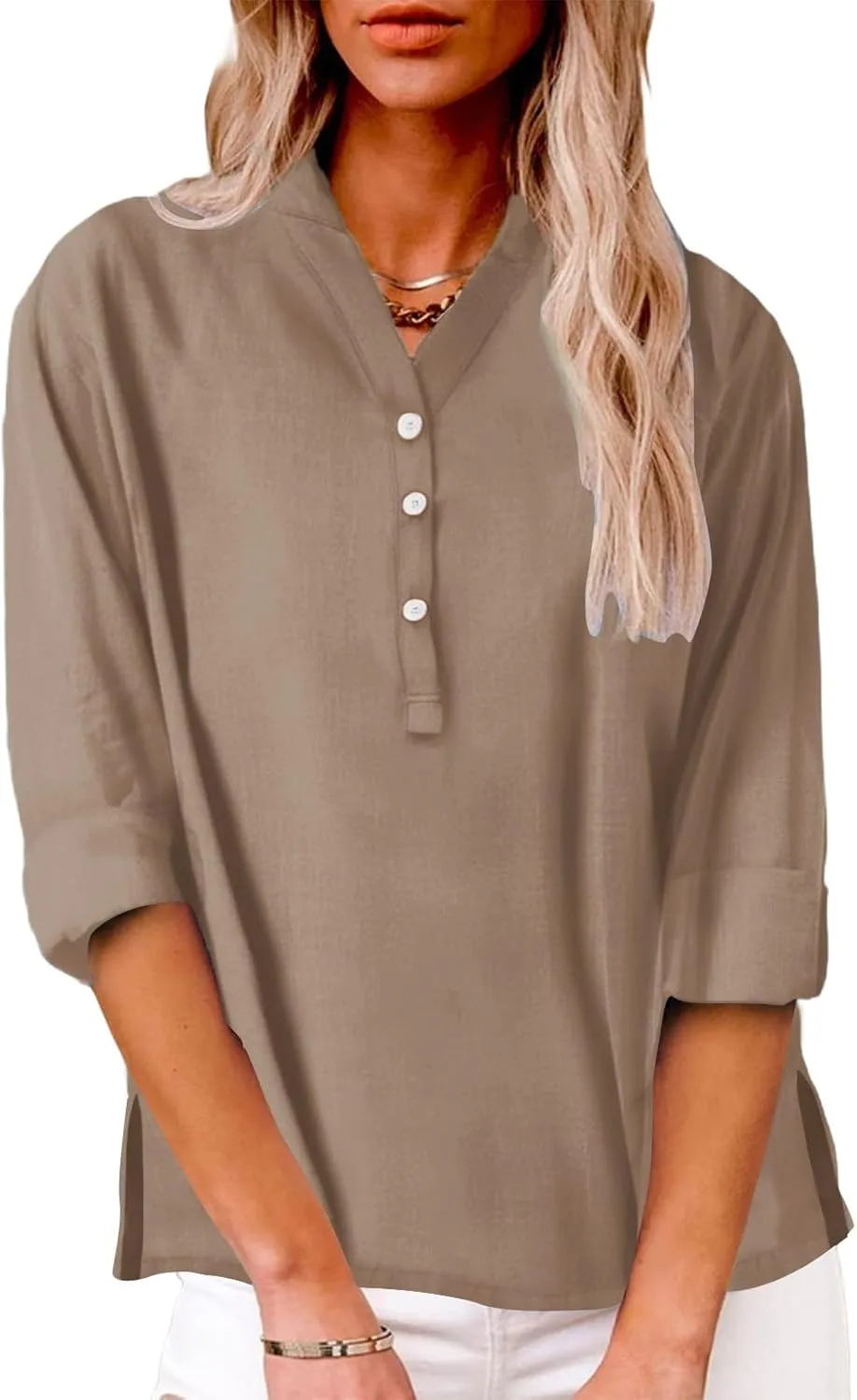 Women Linen Shirts Summer Trendy Short Sleeve V Neck Blouses Lightweight Breathable Tunic Tops Beach Vacation Clothes