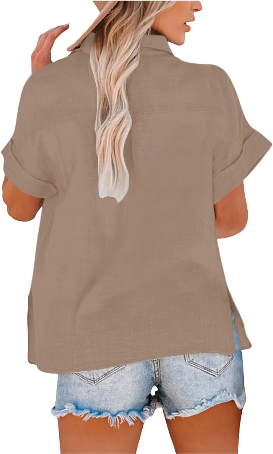 Women Linen Shirts Summer Trendy Short Sleeve V Neck Blouses Lightweight Breathable Tunic Tops Beach Vacation Clothes