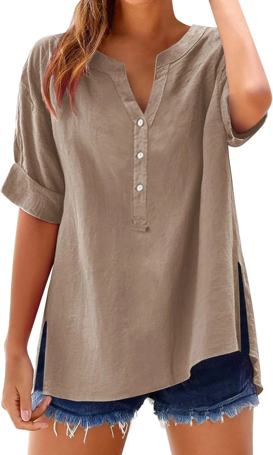 Women Linen Shirts Summer Trendy Short Sleeve V Neck Blouses Lightweight Breathable Tunic Tops Beach Vacation Clothes