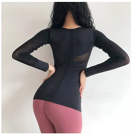 Women Sexy body-building Fitness T shirt  long sleeves sports T-shirt  black  seamless Running shirt  yoga top Gym clothes