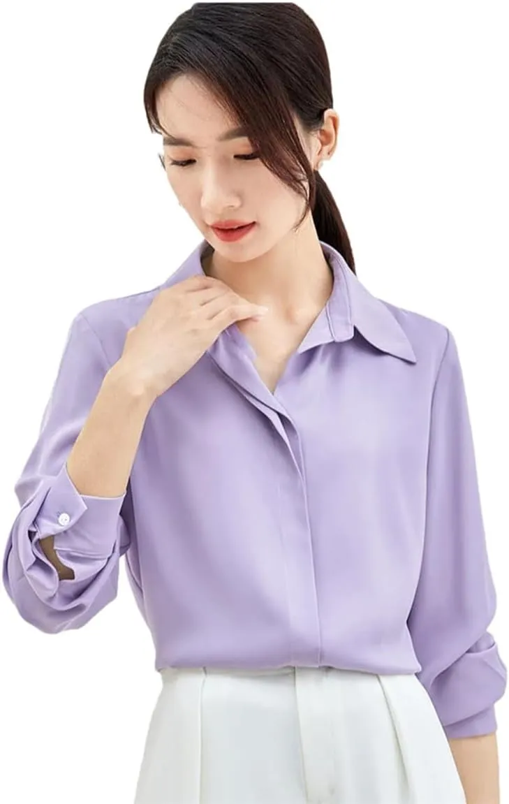 Women Straight Chiffon Lapel Blouse Elegant Pearl Chain Shirt Top Solid Office Lady Blouse