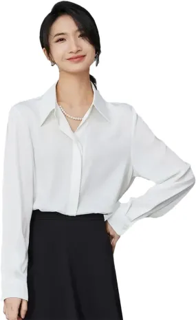 Women Straight Chiffon Lapel Blouse Elegant Pearl Chain Shirt Top Solid Office Lady Blouse