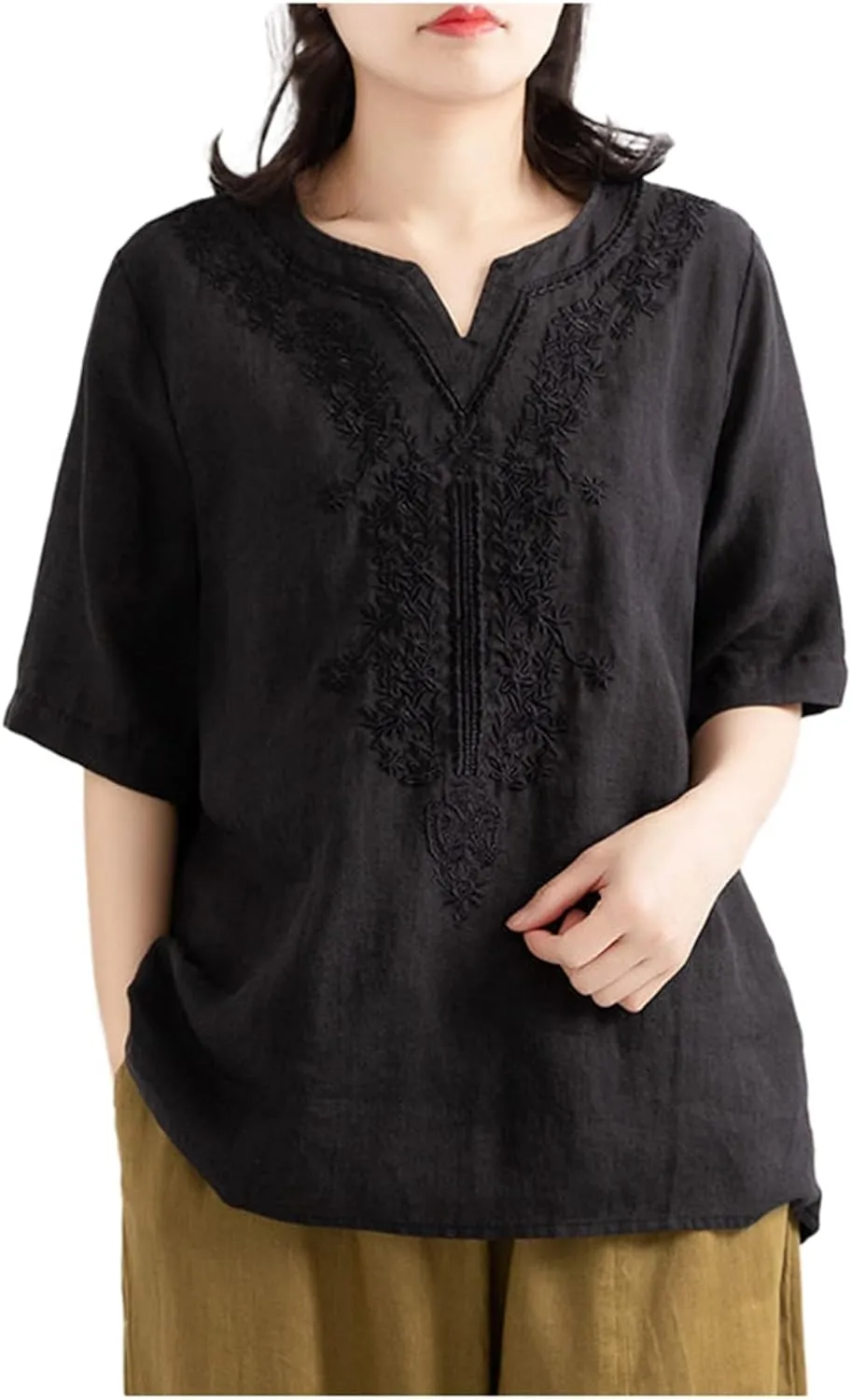 Women Summer Thin Shirt Floral Embroidery Linen Shirts 3/4 Sleeve Scoop Neck Bohemian Top Blouse Quick Dry Breathable