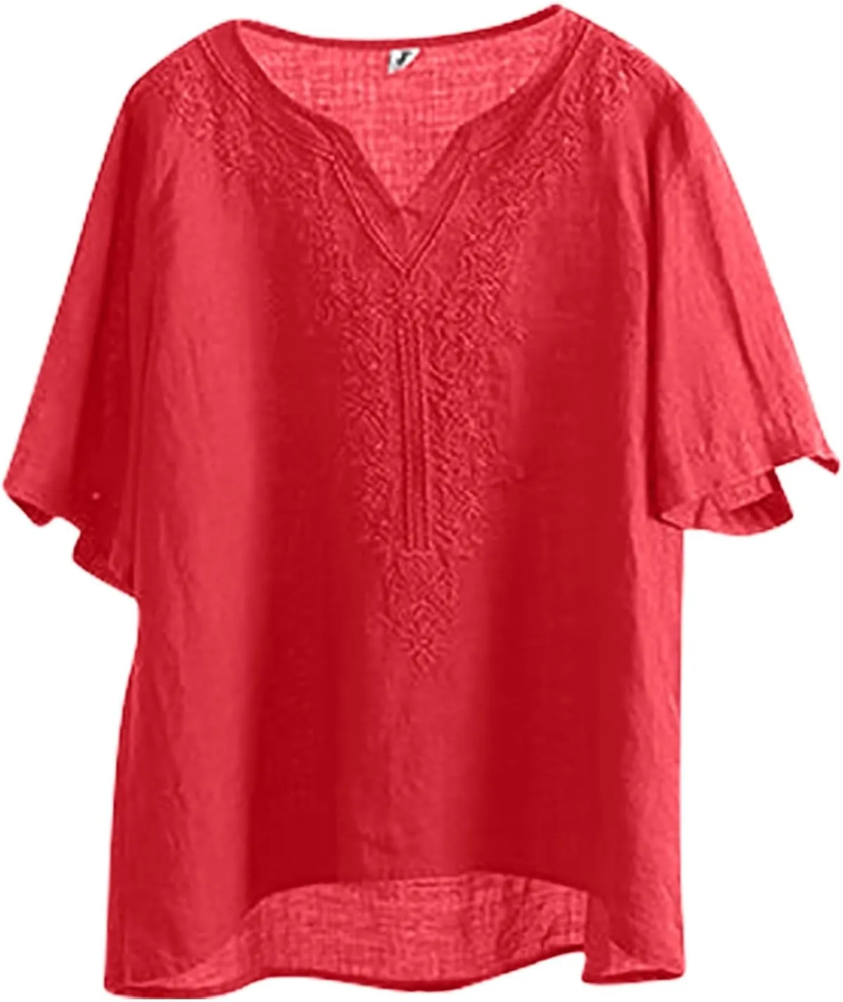 Women Summer Thin Shirt Floral Embroidery Linen Shirts 3/4 Sleeve Scoop Neck Bohemian Top Blouse Quick Dry Breathable