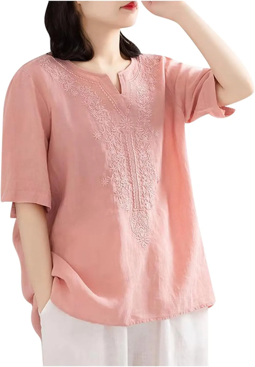 Women Summer Thin Shirt Floral Embroidery Linen Shirts 3/4 Sleeve Scoop Neck Bohemian Top Blouse Quick Dry Breathable
