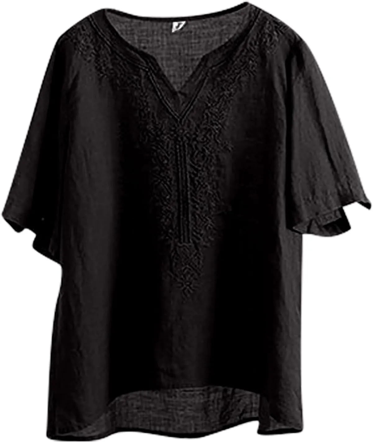 Women Summer Thin Shirt Floral Embroidery Linen Shirts 3/4 Sleeve Scoop Neck Bohemian Top Blouse Quick Dry Breathable