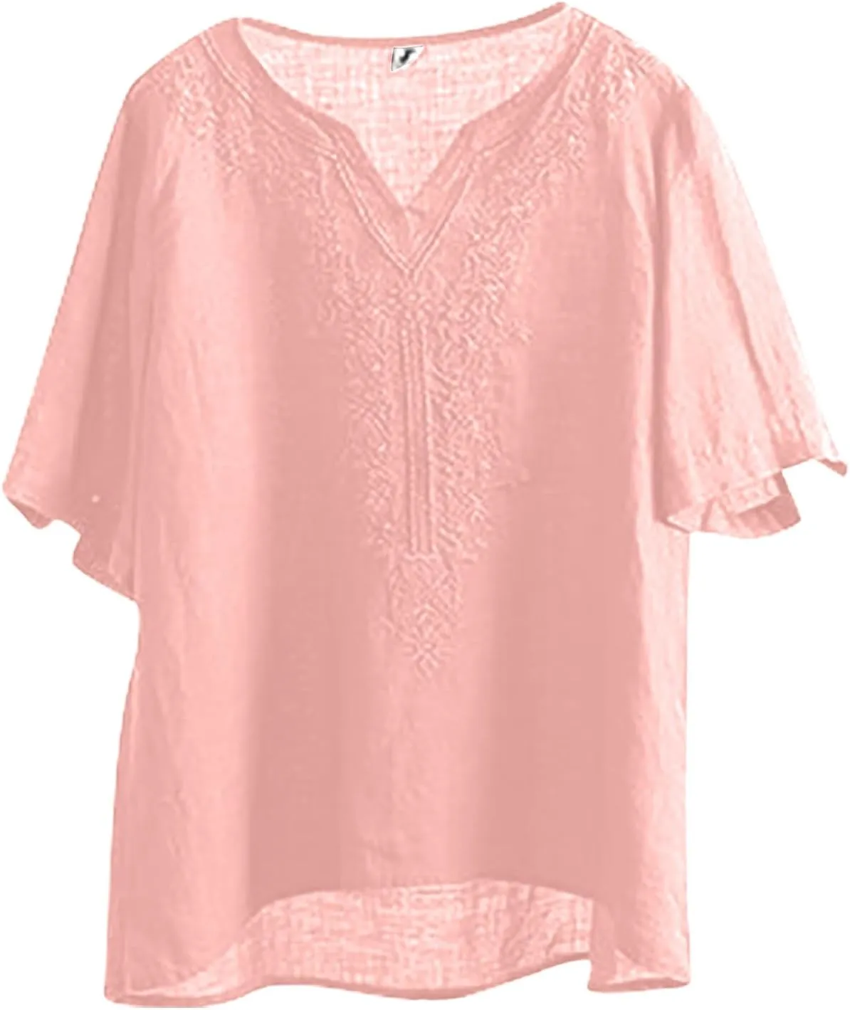 Women Summer Thin Shirt Floral Embroidery Linen Shirts 3/4 Sleeve Scoop Neck Bohemian Top Blouse Quick Dry Breathable
