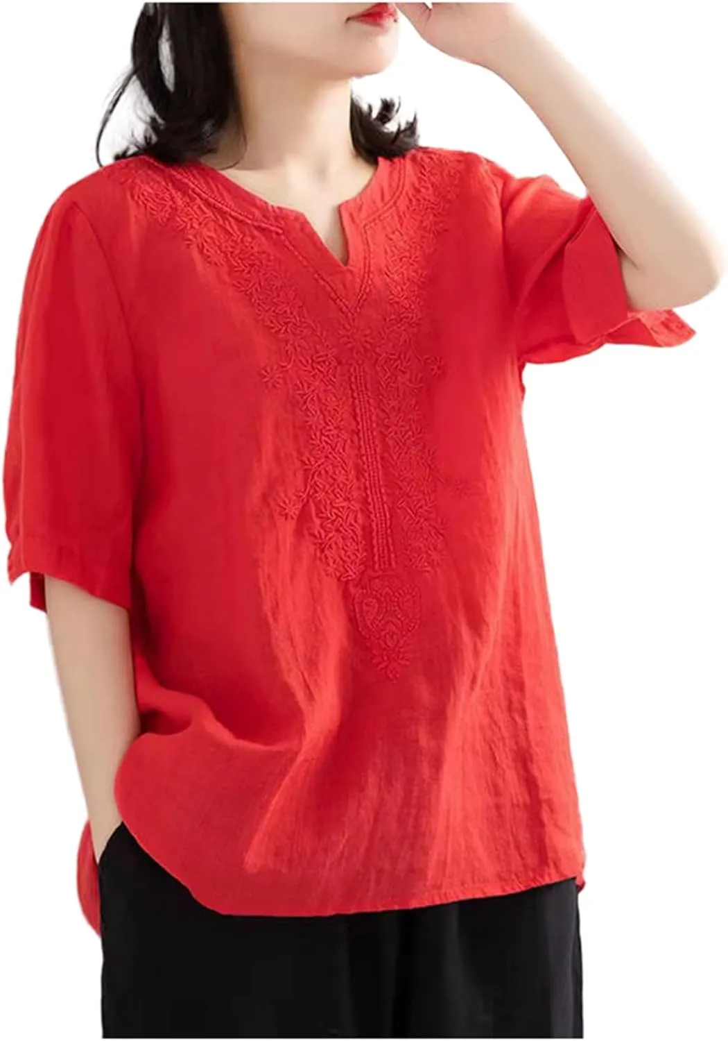 Women Summer Thin Shirt Floral Embroidery Linen Shirts 3/4 Sleeve Scoop Neck Bohemian Top Blouse Quick Dry Breathable