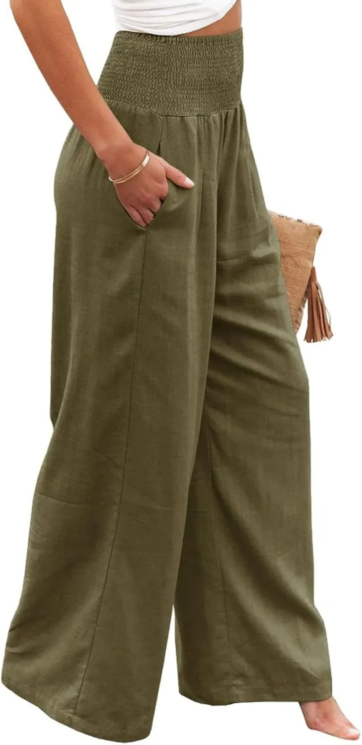Women Wide Leg Linen Palazzo Pants Summer Flowy High Waisted Trousers with Pockets