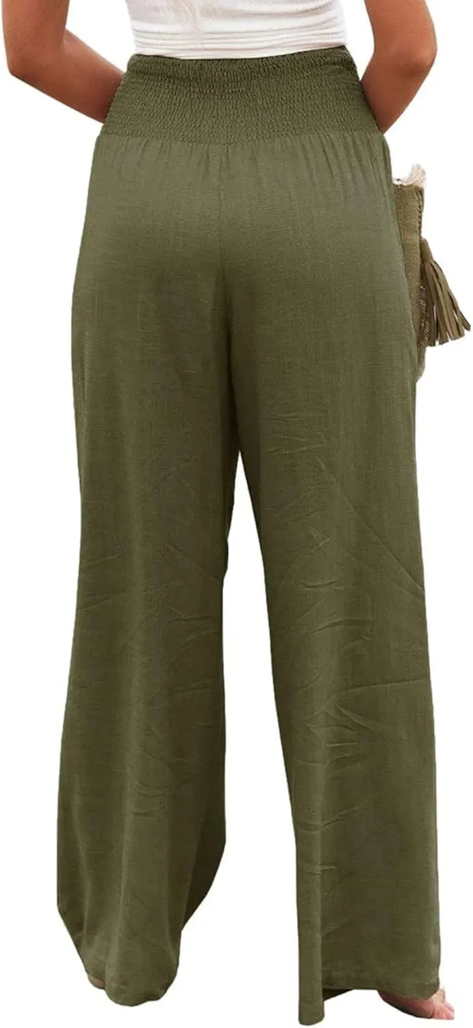 Women Wide Leg Linen Palazzo Pants Summer Flowy High Waisted Trousers with Pockets