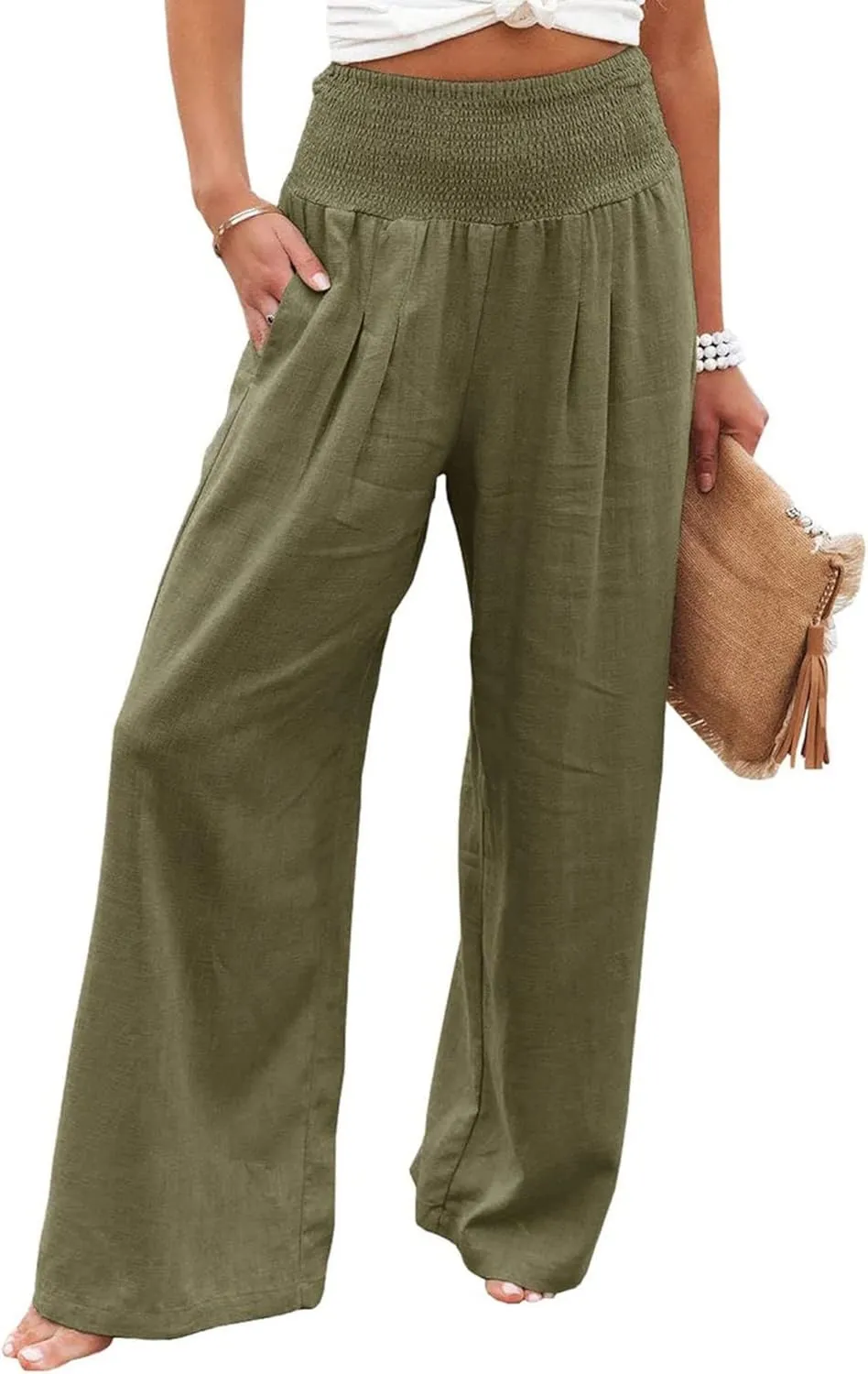 Women Wide Leg Linen Palazzo Pants Summer Flowy High Waisted Trousers with Pockets