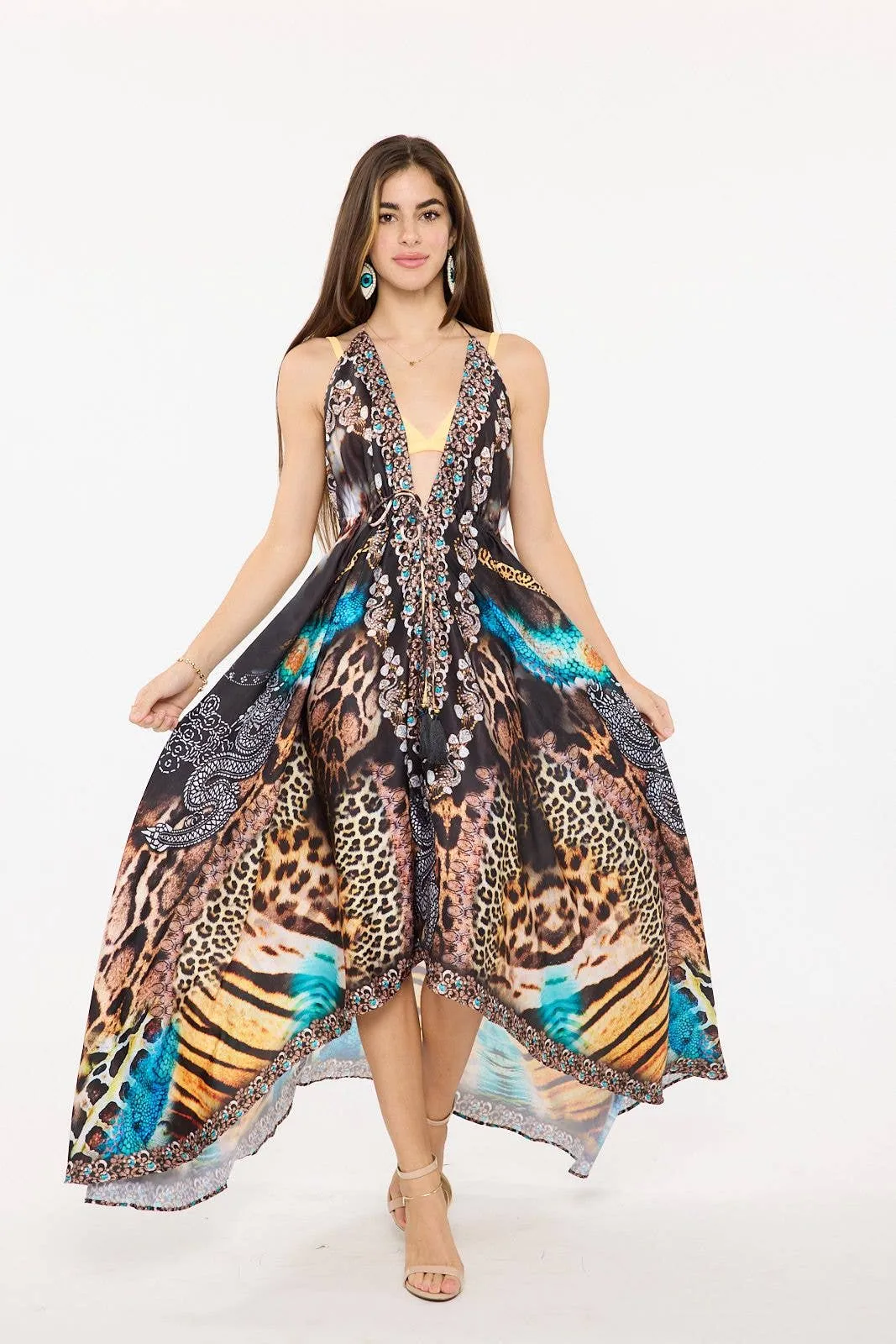 Women's Aqua Animal Print Halter Maxi Dress