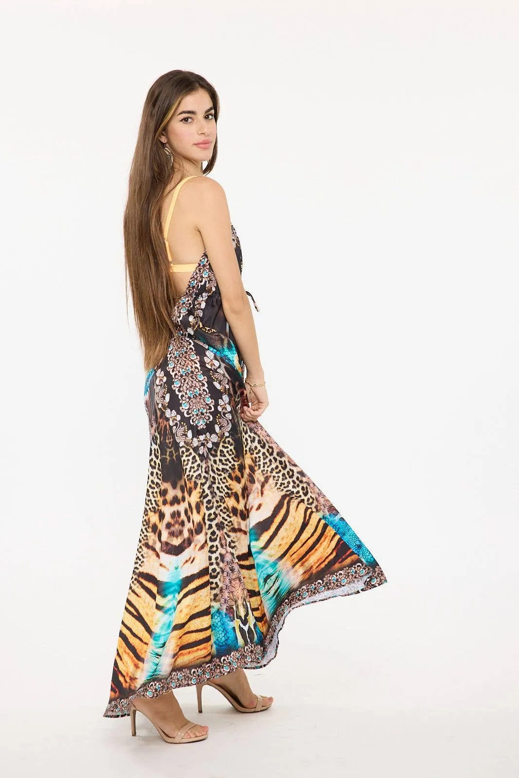 Women's Aqua Animal Print Halter Maxi Dress