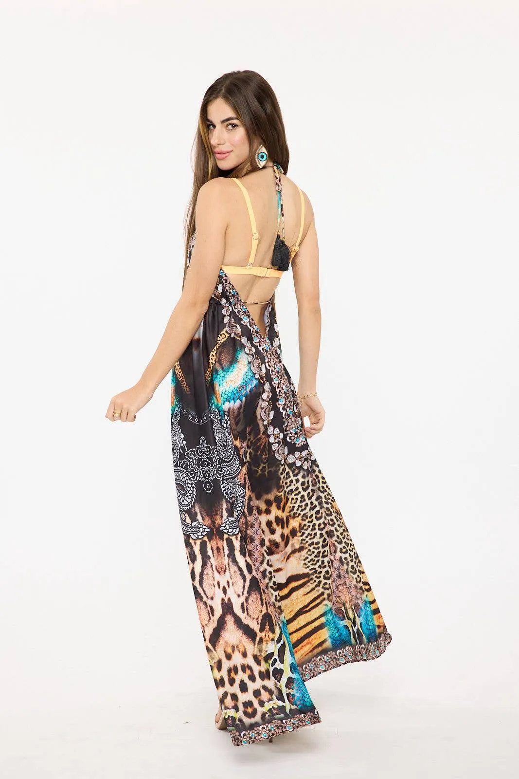 Women's Aqua Animal Print Halter Maxi Dress