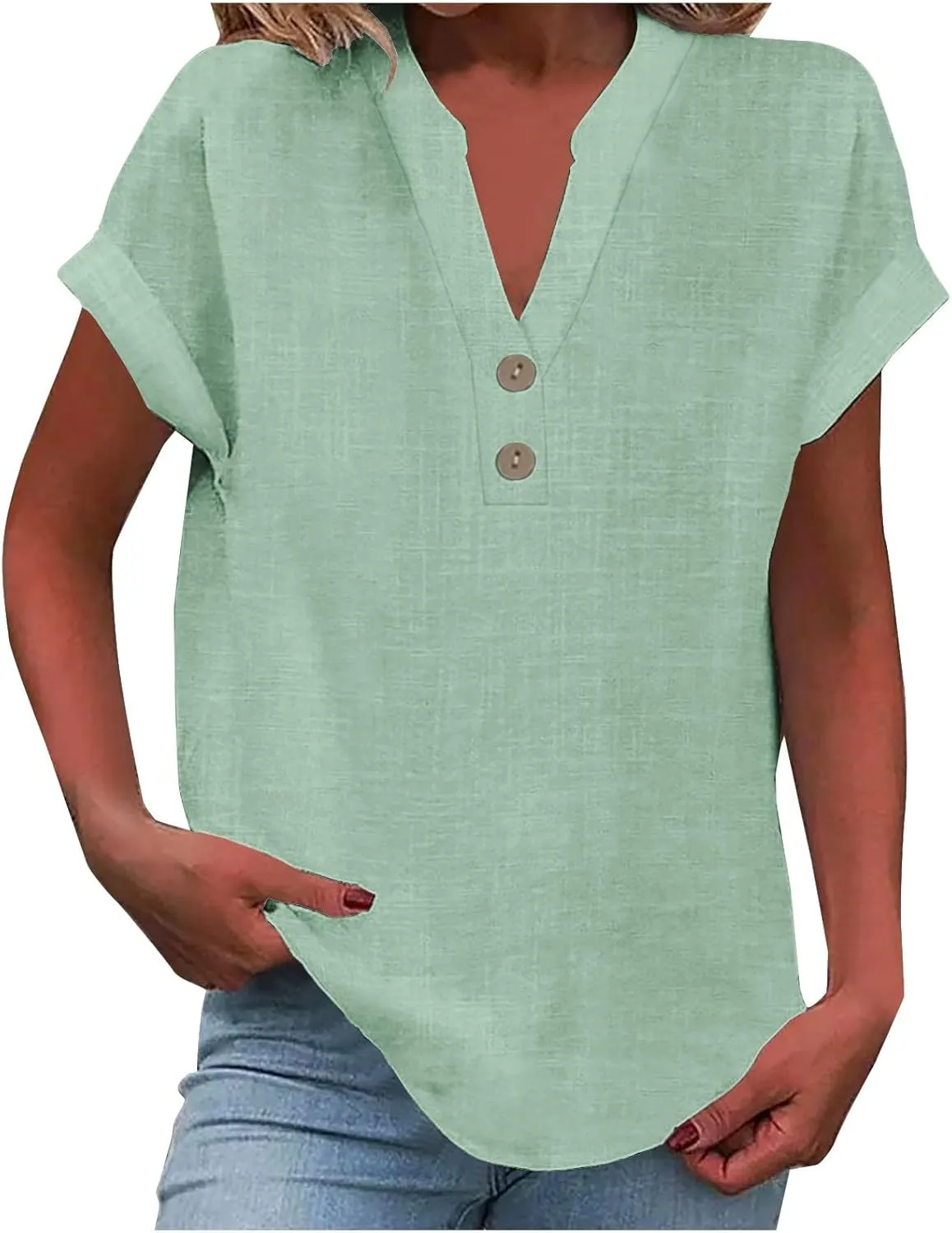 Women's Button Down Linen Shirt Short Sleeve V-Neck Tee Solid Color Casual Blouse Lightweight and Breathable Tops