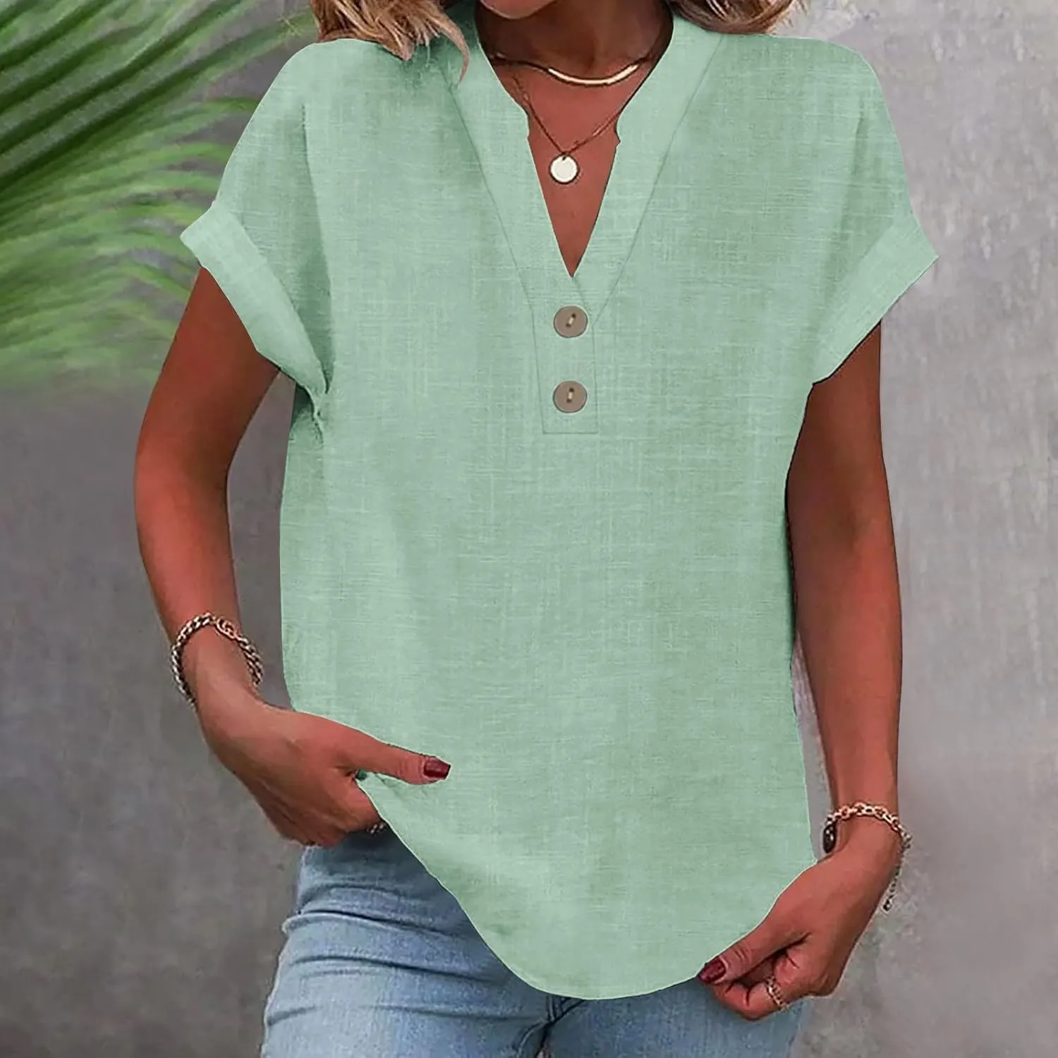 Women's Button Down Linen Shirt Short Sleeve V-Neck Tee Solid Color Casual Blouse Lightweight and Breathable Tops