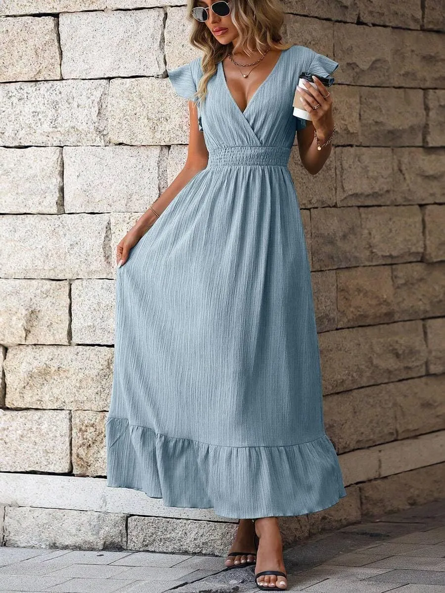 Women's Casual Dress V Neck Wrap Dress Short Ruffle Sleeve Flowy Maxi Dress High Waist
