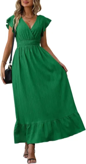 Women's Casual Dress V Neck Wrap Dress Short Ruffle Sleeve Flowy Maxi Dress High Waist