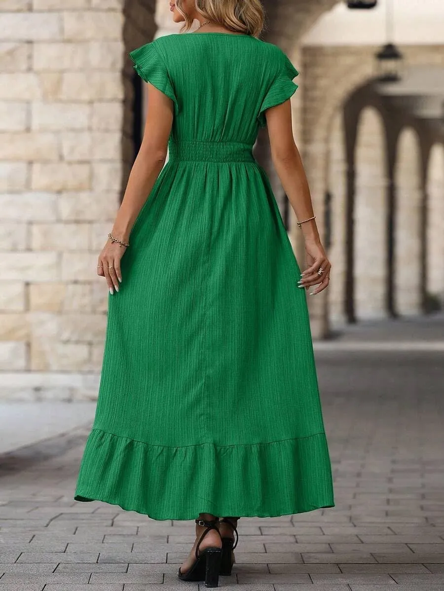 Women's Casual Dress V Neck Wrap Dress Short Ruffle Sleeve Flowy Maxi Dress High Waist