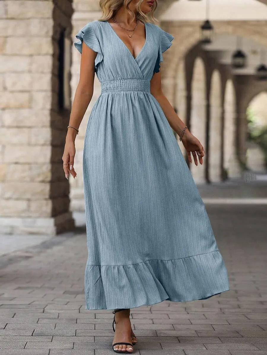 Women's Casual Dress V Neck Wrap Dress Short Ruffle Sleeve Flowy Maxi Dress High Waist