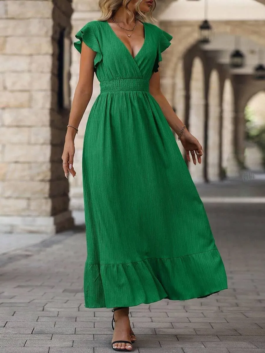 Women's Casual Dress V Neck Wrap Dress Short Ruffle Sleeve Flowy Maxi Dress High Waist