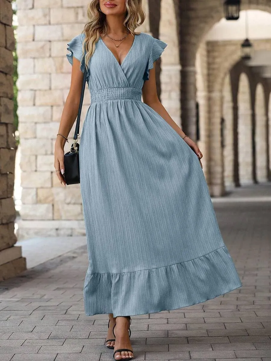 Women's Casual Dress V Neck Wrap Dress Short Ruffle Sleeve Flowy Maxi Dress High Waist