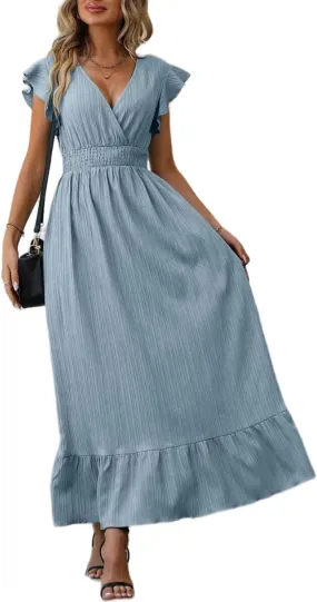 Women's Casual Dress V Neck Wrap Dress Short Ruffle Sleeve Flowy Maxi Dress High Waist