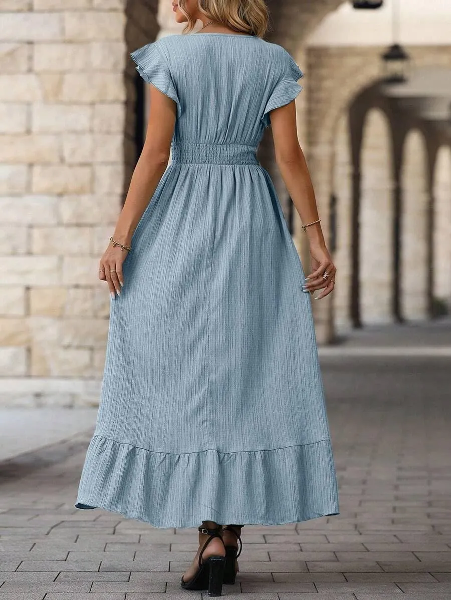 Women's Casual Dress V Neck Wrap Dress Short Ruffle Sleeve Flowy Maxi Dress High Waist