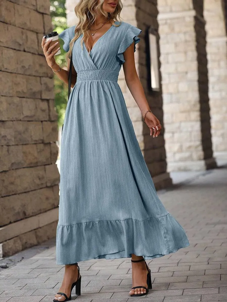 Women's Casual Dress V Neck Wrap Dress Short Ruffle Sleeve Flowy Maxi Dress High Waist