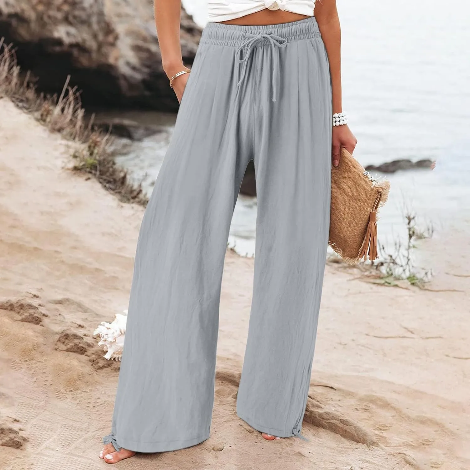 Womens Cotton and Linen Palazzo Pants 2025 Summer Casual Wide Leg Pants Fashion Loose Beach Trousers with Pocket