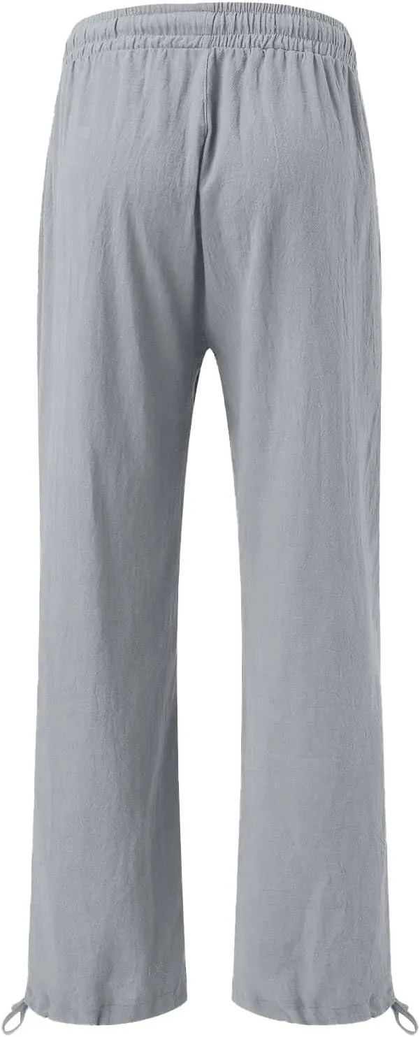 Womens Cotton and Linen Palazzo Pants 2025 Summer Casual Wide Leg Pants Fashion Loose Beach Trousers with Pocket