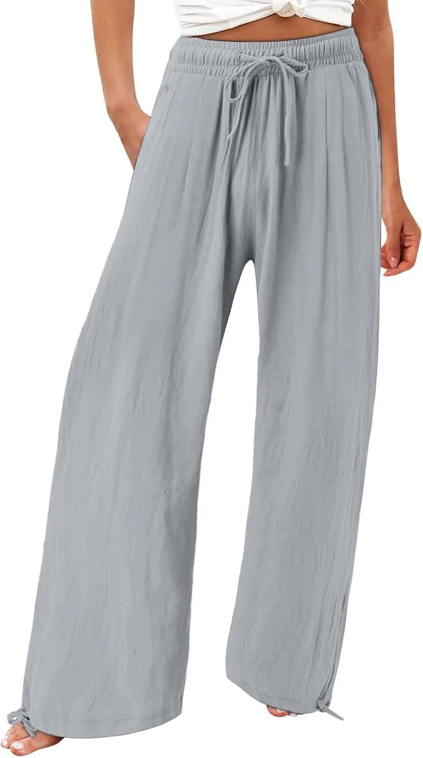 Womens Cotton and Linen Palazzo Pants 2025 Summer Casual Wide Leg Pants Fashion Loose Beach Trousers with Pocket