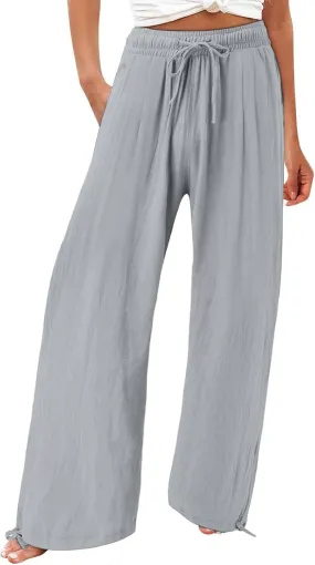 Womens Cotton and Linen Palazzo Pants 2025 Summer Casual Wide Leg Pants Fashion Loose Beach Trousers with Pocket
