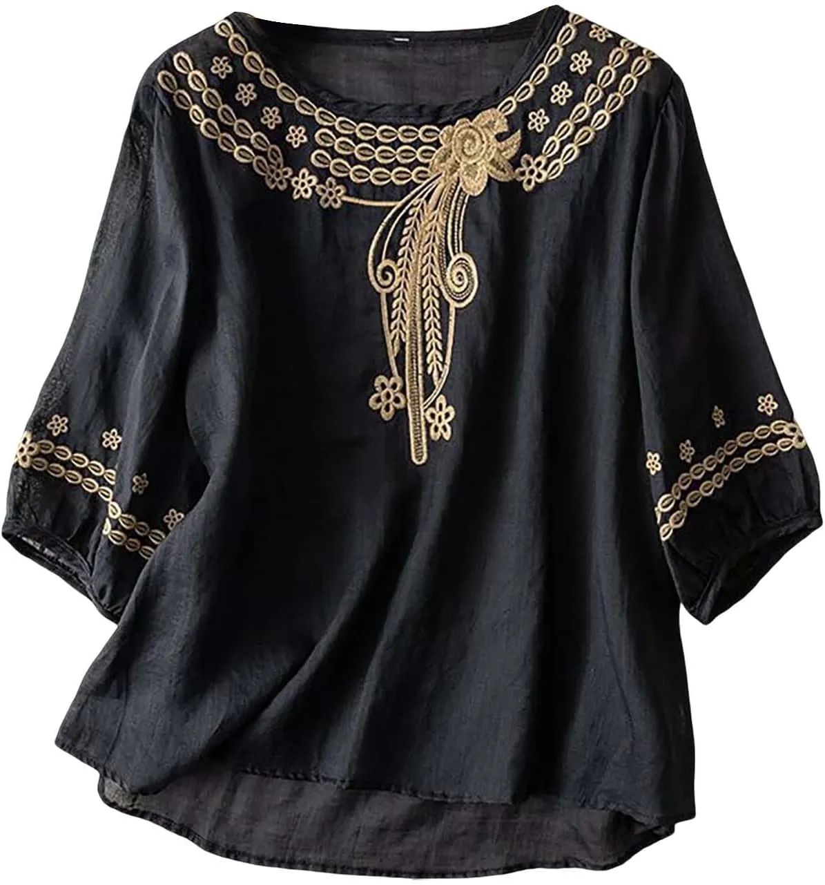 Women's Cotton Linen Floral Tops Vintage Embroidery 3/4 Sleeve Shirt Summer Lightweight Breathable Holiday Blouses
