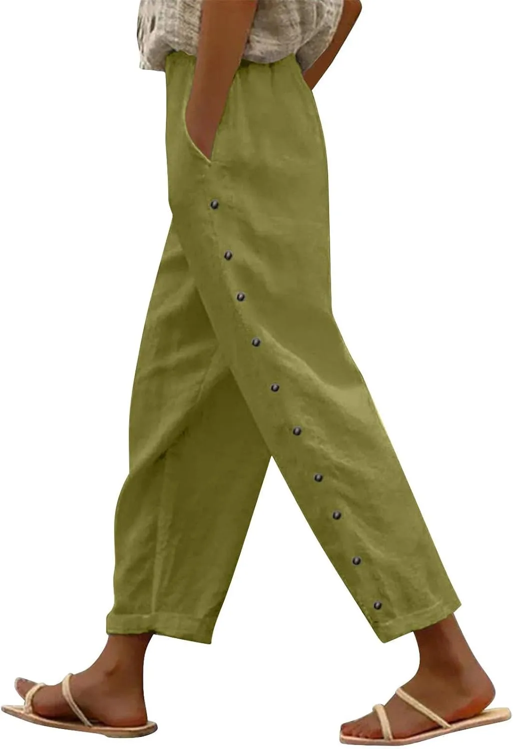 Women's Cotton Pants Striped Side Button Elastic Waist Trendy Pants Straight Leg Baggy with Pocket Comfy Trousers