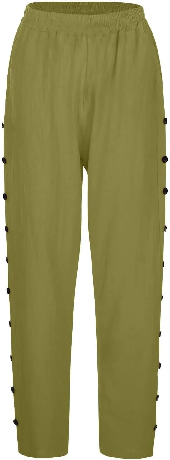 Women's Cotton Pants Striped Side Button Elastic Waist Trendy Pants Straight Leg Baggy with Pocket Comfy Trousers