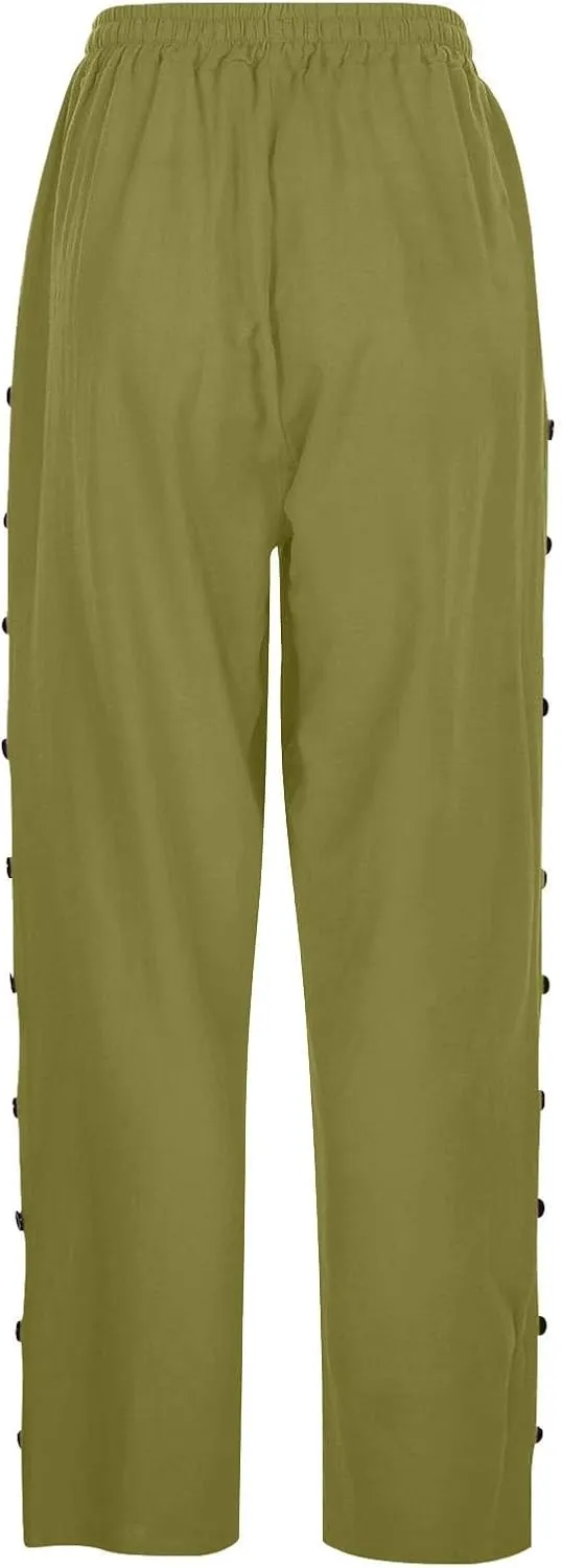 Women's Cotton Pants Striped Side Button Elastic Waist Trendy Pants Straight Leg Baggy with Pocket Comfy Trousers