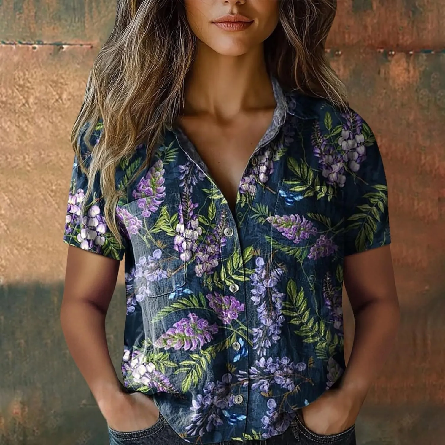 Women's Ethnic Shirts Floral Print Button Down Shirt Loose Fit Short Sleeve Linen Blouse Summer Boho Casual Tops