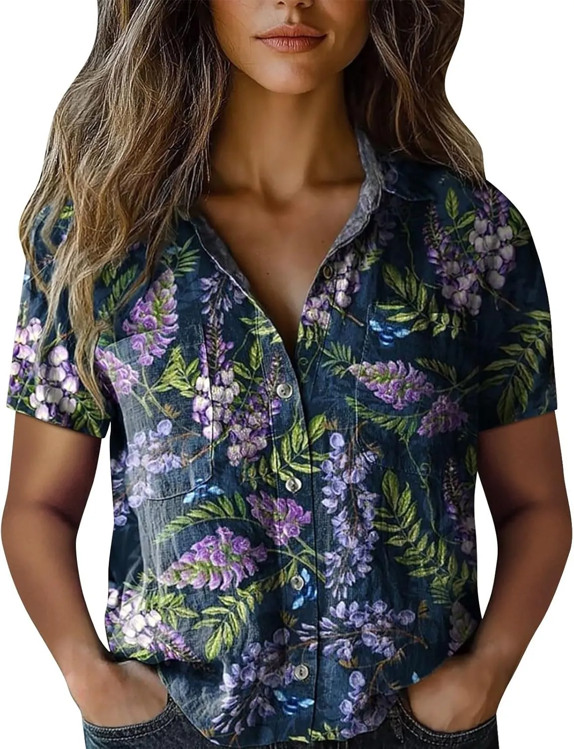 Women's Ethnic Shirts Floral Print Button Down Shirt Loose Fit Short Sleeve Linen Blouse Summer Boho Casual Tops