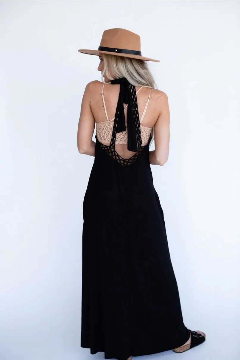 Women's Giselle High Neck Crochet Maxi Dress in Black