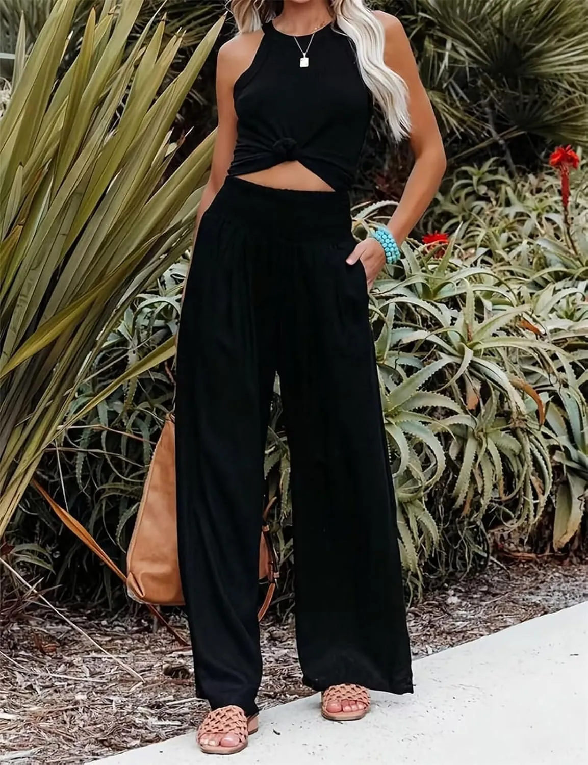 Women's High Waist Breathable Casual Wide Leg Pants with Pockets Hundred Solid Color Cotton Linen Pants