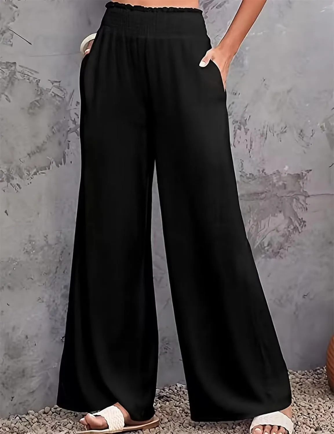 Women's High Waist Breathable Casual Wide Leg Pants with Pockets Hundred Solid Color Cotton Linen Pants