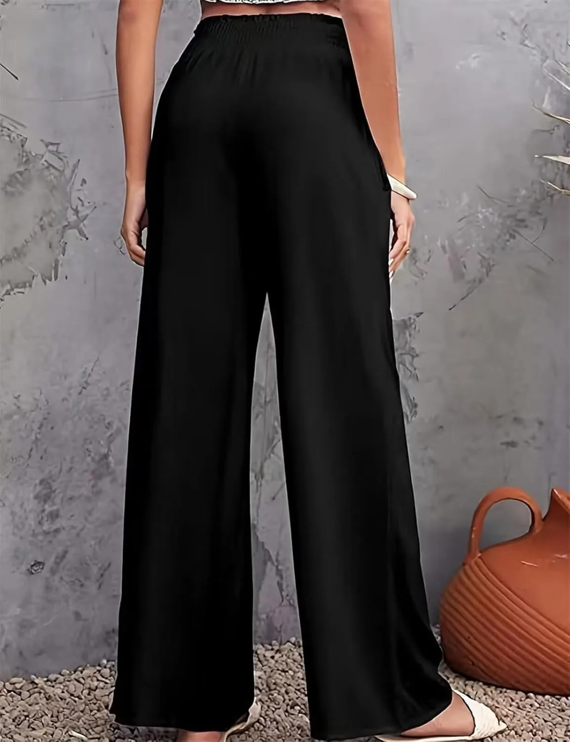 Women's High Waist Breathable Casual Wide Leg Pants with Pockets Hundred Solid Color Cotton Linen Pants