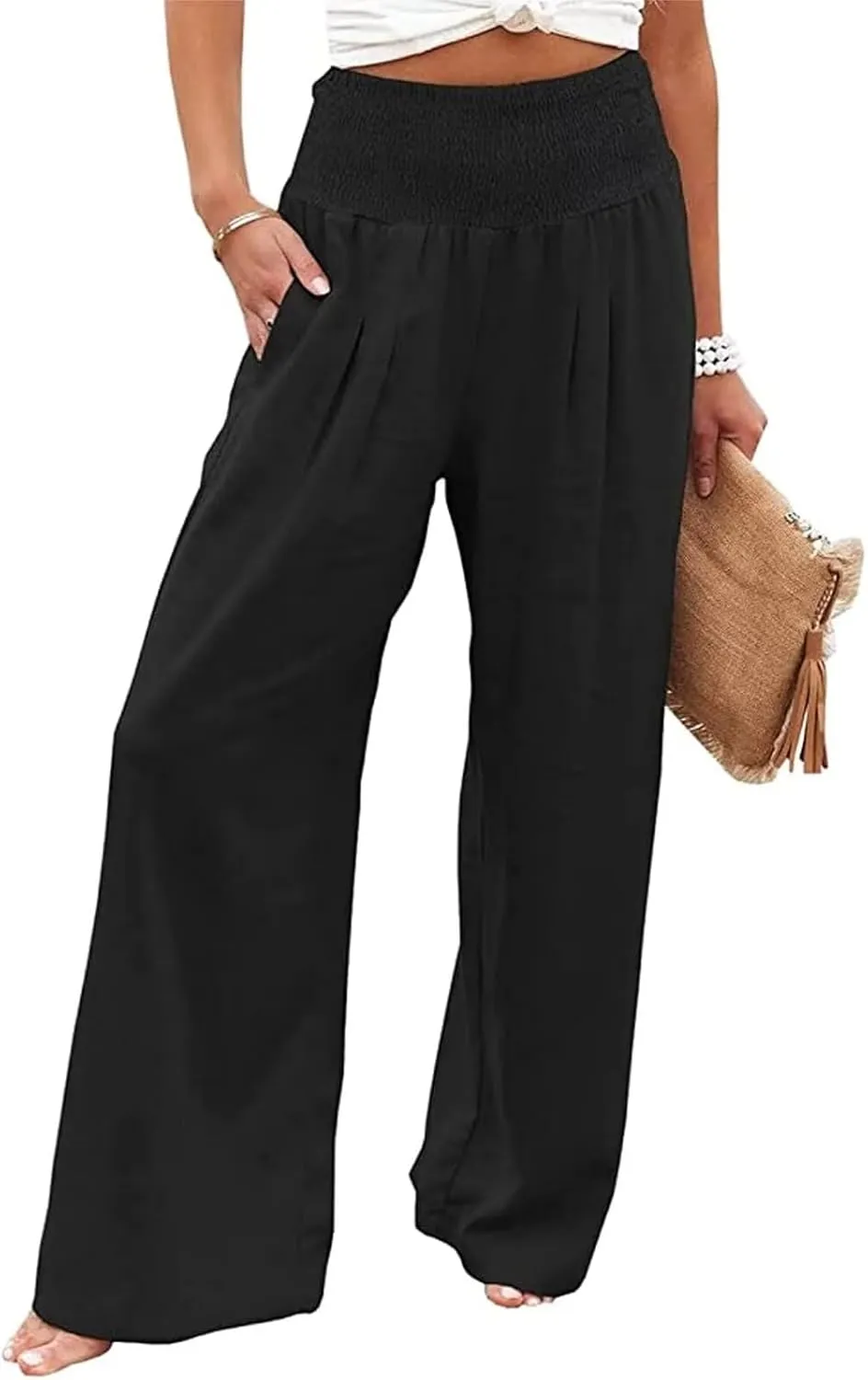 Women's High Waist Breathable Casual Wide Leg Pants with Pockets Hundred Solid Color Cotton Linen Pants