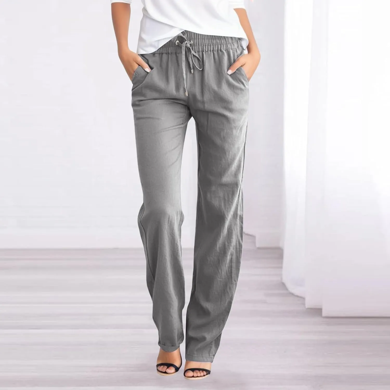 Womens High Waist Cotton Linen Pants Casual Loose Straight Leg Summer Beach Pants Lightweight Drawstring Lounge Trousers
