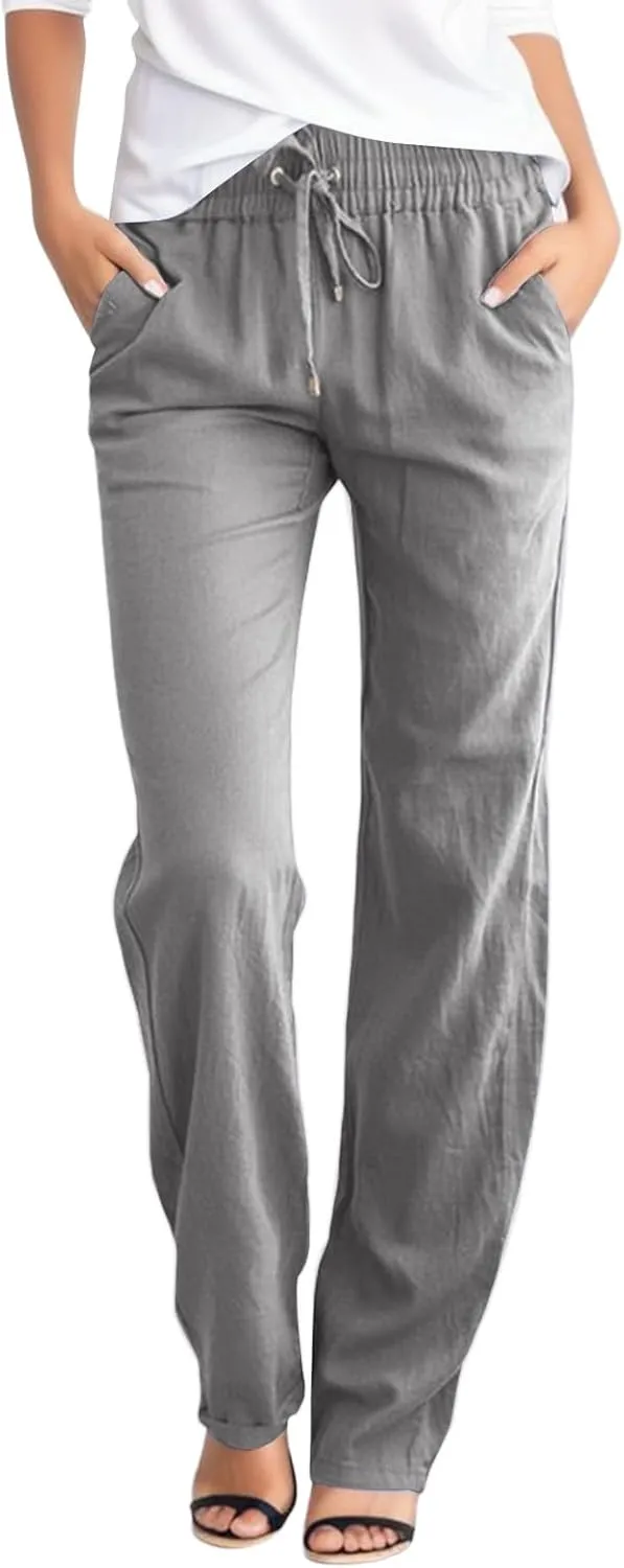 Womens High Waist Cotton Linen Pants Casual Loose Straight Leg Summer Beach Pants Lightweight Drawstring Lounge Trousers