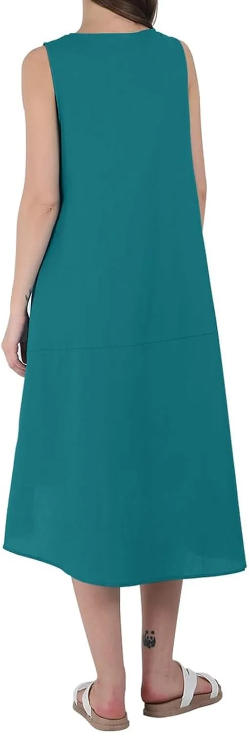 Women's Long Linen Cotton Summer Dresses Plus Size Sleeveless Crew Neck Tank Flowy Maxi Dresses Elegant Casual Dress