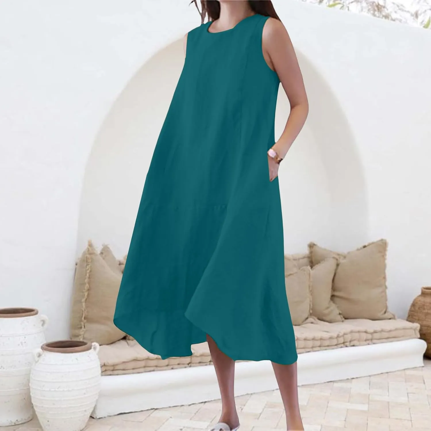 Women's Long Linen Cotton Summer Dresses Plus Size Sleeveless Crew Neck Tank Flowy Maxi Dresses Elegant Casual Dress