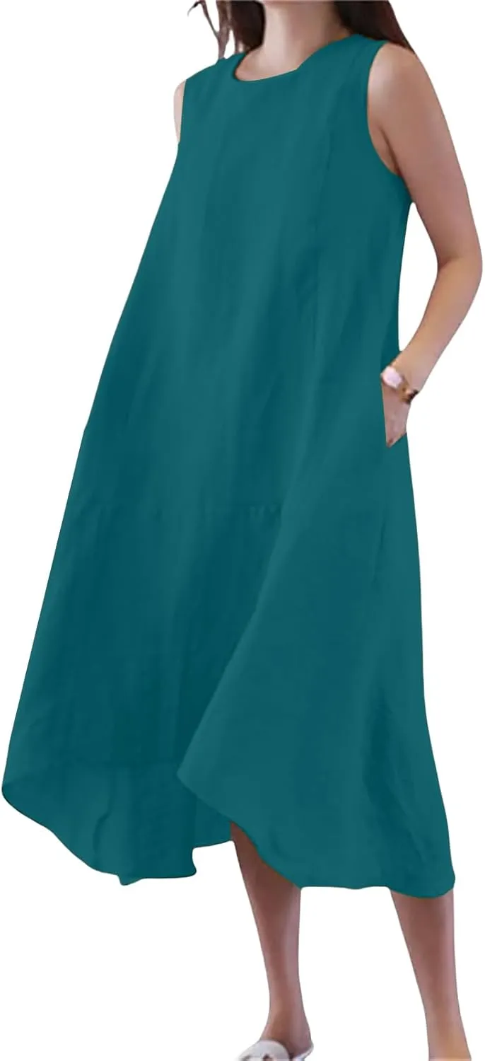 Women's Long Linen Cotton Summer Dresses Plus Size Sleeveless Crew Neck Tank Flowy Maxi Dresses Elegant Casual Dress